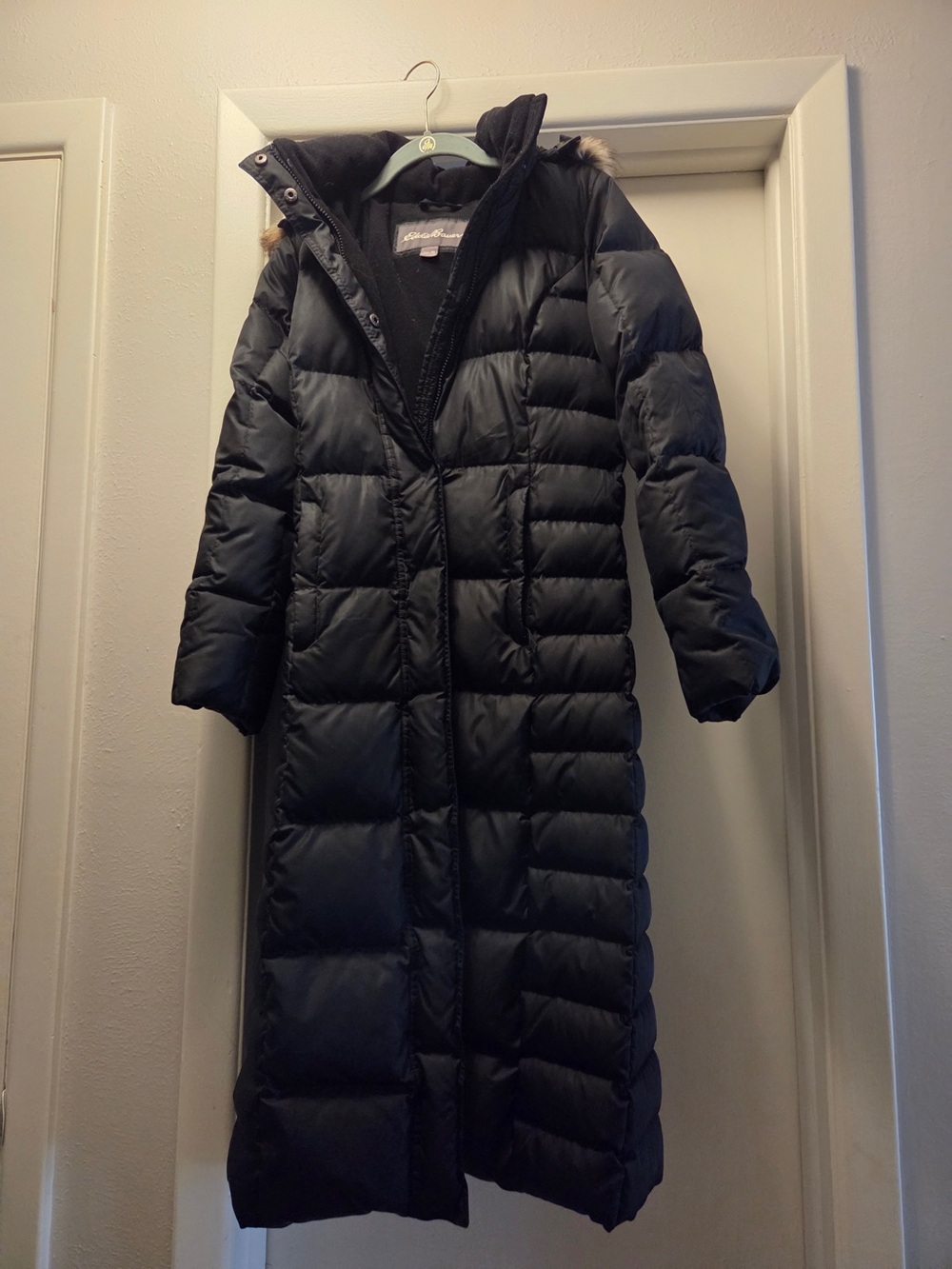 Eddie Bauer Lodge Long 650 Down Duffle Parka Faux Fur Hood Black Womens x-small